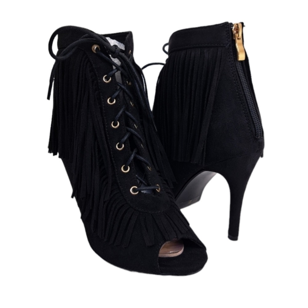 Forever‎ Women's Faux Suede Fringe Open Toe Ankle Boots 7 Black